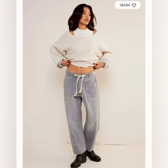 Free People We The Free Moxie Pull-On Barrel Jeans grey NWT - Picture 2 of 7